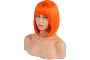 eNilecor Short Bob Hair Wigs 12" Straight with Flat Bangs Synthetic Colorful Cosplay Daily Party Wig for Women Natural As Real Hair+ Free Wig Cap (Orange)