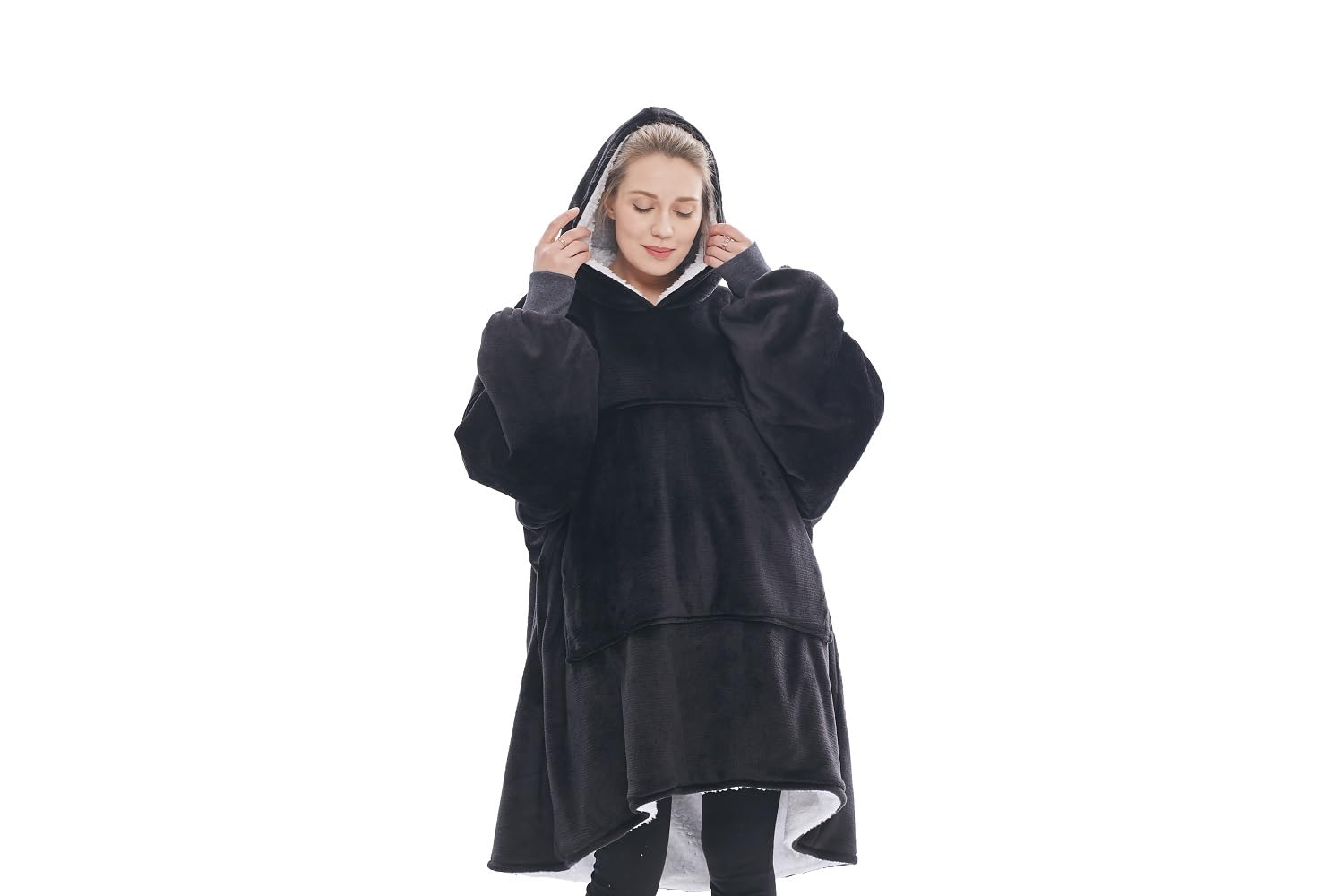 Oversized Wearable Blanket Hoodie Fleece Sherpa Blanket Sweatshirt for Women Thick Flannel Wearable Throw Hooded Blanket with Sleeves, Warm Big Hood and Pocket for Christmas, Black