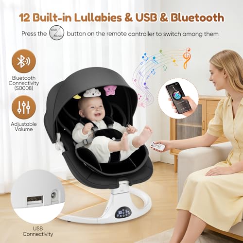 Dossier Réglable Transat Bébé Electrique, Balancelle Bébé Avec Coussin Amovible et Table D'appoint, Balançoire pour Baby avec 3 Minuteries et 5 Vitesses, 12 Mélodies, 3 Options D'alimentation (Noir)
