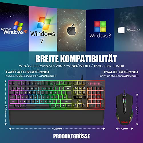 RedThunder K10 Gaming Keyboard and Mouse Set, QWERTZ DE Layout, Metal Plate and Wrist Rest, RGB Backlight and 7D with Ergonomic for PC Gamers (Black)