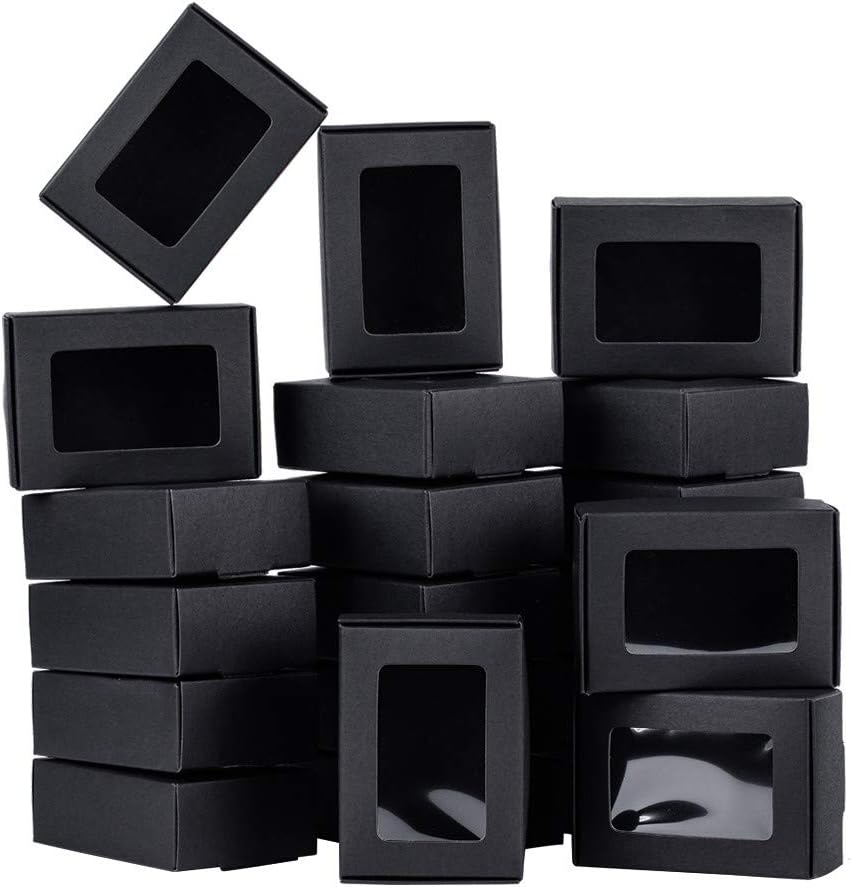 BENECREAT 30 Pack Kraft Paper Boxes with Clear Window 8.7x6.2x3cm Black Gift Packaging Boxes for Bakery Cookies Cake Candy Wedding Party Favors