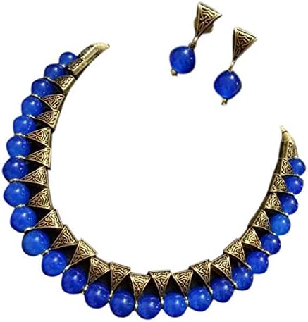Saraa Dazzling Gold Plated Oxidized Polish Metal Royal Blue Coloured Pearl Jewellery Set For Women/Girls (Royal Blue, Oxidized Gold)