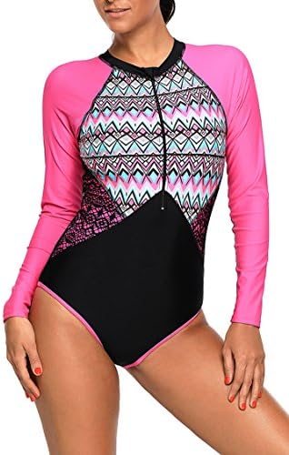 VamJump Women Zipper Short Sleeve Printed One Piece Surf Rash Guard Swimsuit