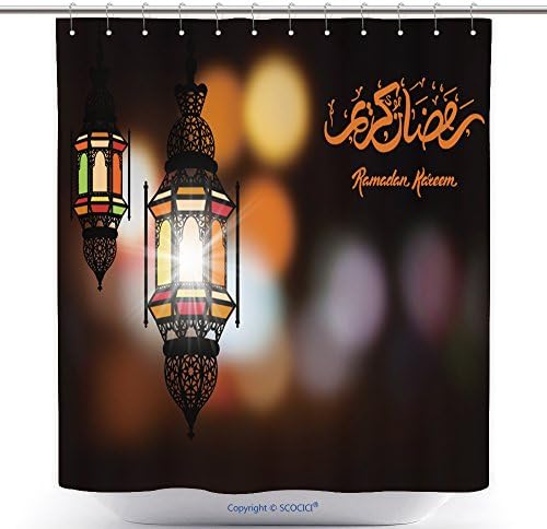 vanfan Polyester Shower Curtains Ramadan Kareem Greeting On Blurred Background With Beautiful Illuminated Arabic Lamp And Hand Drawn Polyester Bathroom Shower Curtain Set With Hooks(36 x 72 inches)