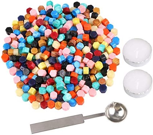 Aunifun 300 Pieces Octagon Sealing Wax Beads Sticks with 2 Pieces Tea Candles and 1 Piece Wax Melting Spoon for Wax Stamp Sealing (12 Colors)
