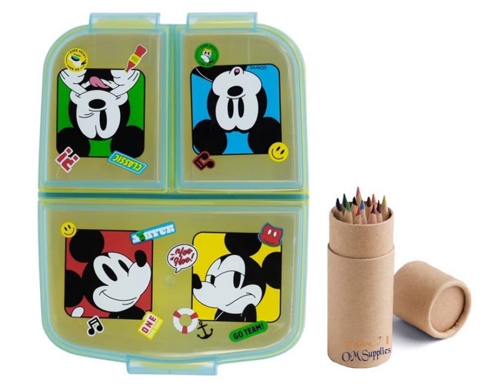 OM SUPPLIES Mickey Reusable Sandwich Lunch Box 3 Multi Compartment Kids Children School Includes Half Size 12pcs Pencil Set (Mickey)