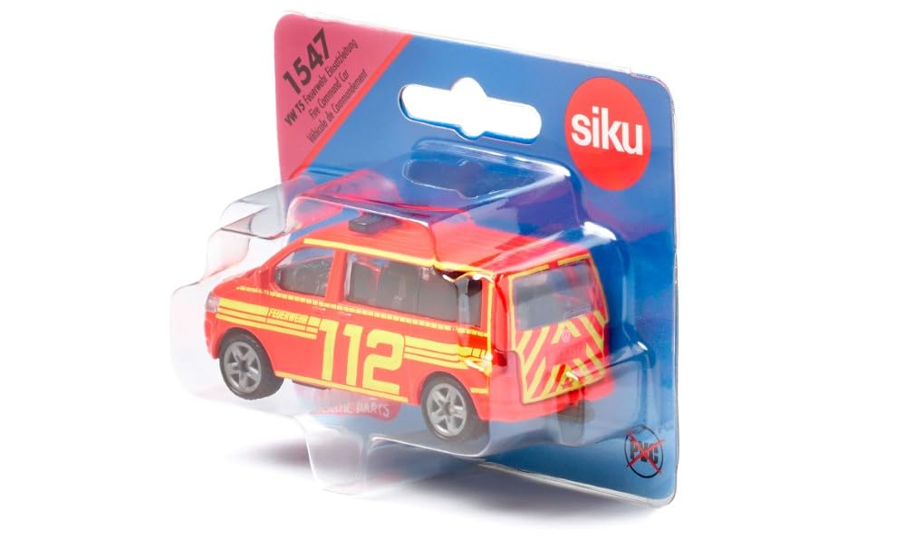 Siku 1547, VW T5 Feuerwehr Einsatzleitung, Metall/Kunststoff, Rot/Gelb, Spielzeugauto für Kinder, Heckklappe zum Öffnen, Anhängerkupplung 6