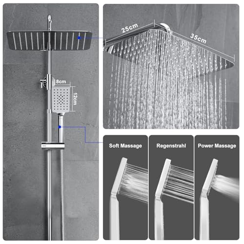 JOHO Stainless Steel Shower Column without Thermostat, Shower Set with Adjustable Height Bar with Hand Shower Head and Rain Spray Head 35 x 25 cm, Chrome