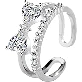 yuruyi 925 Sterling Silver Rings for Women, Cubic Zirconia Adjustable Band Thumb Finger Ring, Heart Bow Knot Shape Statement Stacking Ring for Women