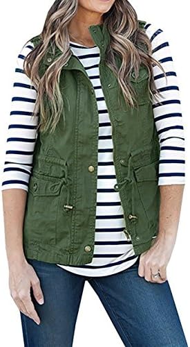 Women's Sleeveless Lightweight Pure Color Vest Jacket with Zipper & Button & Drawstring & Pockets (2XL, Army Green)