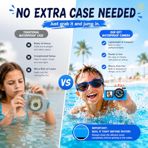 Maxmango D70 4K Macchina Fotocamera Subacquea - 48MP 10FT Fotocamera Digitale Impermeabile per Snorkeling - Doppio Schermo Compatta Galleggiante con 32GB - Batteria 1200mAh per Bambini e Ragazzi (Blu)