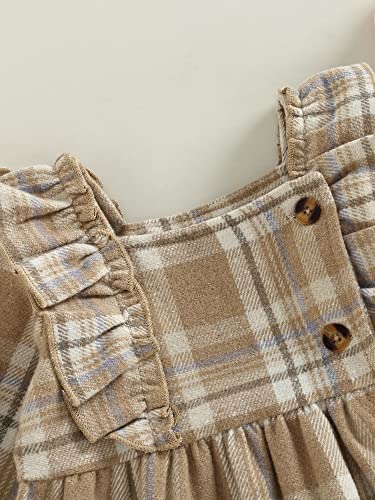 VISGOGO INFANT BABY GIRLS PLAID DRESS RUFFLES LONG SLEEVE BUTTONS SQUARE NECK A-LINE DRESS FALL WINTER CLOTHES (KHAKI, 18-24 MONTHS)