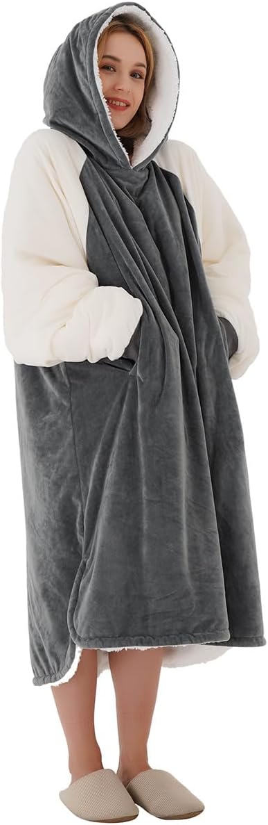 Winthome Hoodie Blanket Oversized Cozy With Large Pocket Grey Cream M