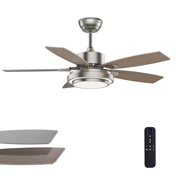 FANBLISS 42 INCH NICKEL CEILING FANS WITH LIGHTS AND REMOTE CONTROL FOR BEDROOM, MODERN CEILING FAN WITH QUIET REVERSIBLE DC MOTOR, 3CCT, DIMMABLE, LED FOR LIVING ROOM, PATIO, INDOOR AND OUTDOOR