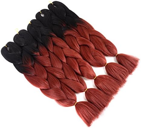 Two Tone Ombre Jumbo Braid Hair Extension 24” 5Pcs/Lot 100g/pc High Temperature Kanekalon Synthetic Fiber for Twist Braiding Hair (Black-Red Brown)