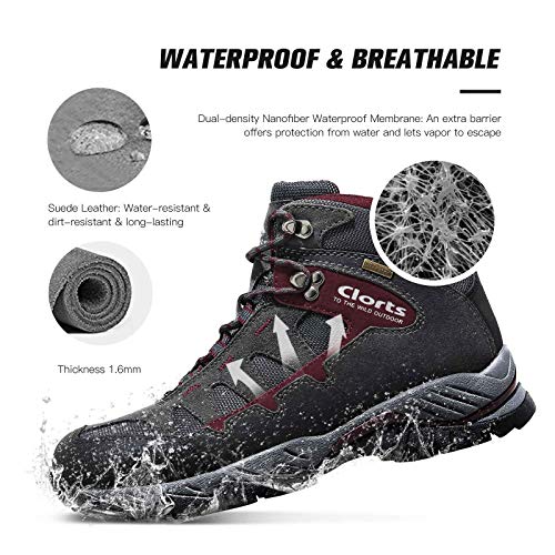 Clorts Men's Pioneer Hiking Boots Waterproof Suede Leather Lightweight Hiking Shoes Dark Grey/Dark Red US Men Size 11 Medium Width