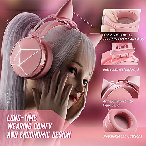 Pink Gaming Headset for PC, Xbox One Headset with Detachable Cat Ear