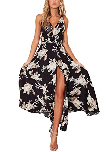 NERLEROLIAN Women's Summer Boho Backless Deep V-Neck Maxi Floral Dress for Casual(Black,S)