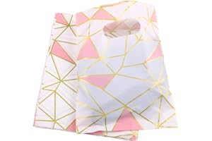 Joyhey 100 Count 9.7 inches x 13.7 inches Plastic Merchandise Bags, Shopping Bags, Retail Bags, Gift Bags with Die Cut Handles - White Geometry, 9.7x13.7 Inch (Pack of 100) (JH00545)