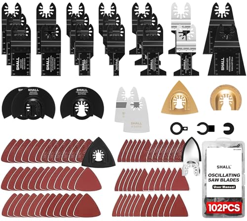 SHALL 102 Multitool Blades, Oscillating Accessory Kits for Multiple Tools, HCS and Bi-Metal Blades, Sanding Pad, Scraper, Storage Case Included