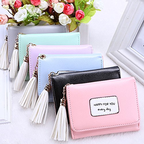 Girls' Lovely Student Short Wallet, PU Leather Coin Purse Pink wallet,Fringed Seventy Percent off, Small fresh Blue color Credit Card Holder(2 Pack,Pink purse&Blue Card Bag