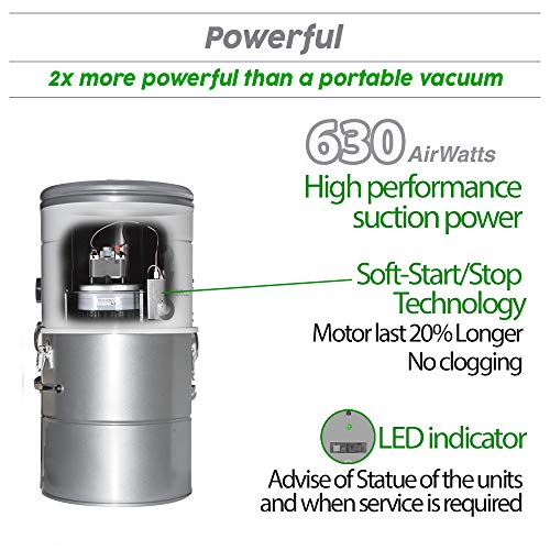 Large Capacity Central Vacuum System - Hybrid Filtration For Air Purification - 25L or 6.6Gal - 630 Airwatts Power Unit - Thumbnail 2