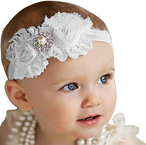 Bloomingjoy Baby Girl Elastic Headband with Flower Lot of 2 (One Size, White)
