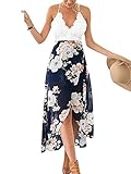 Famulily Women's V-neck Lace Patchwork Irregular Hem Halter Floral Maxi Dress