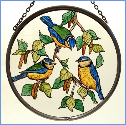 Decorative Hand Printed Stained Glass Window Sun Catcher/Roundel in a Blue Tits Design.