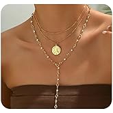 Mexegy Dainty Gold Zircon Long Lariat Necklace for Women,Vintage Coin Rhinestone Y Pendant Statement Necklace,Trendy Sweater Chain Jewelry Gift Accessories