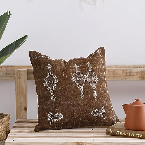 Labhanshi Braunes Kaktus-Seidenkissen, rustikales Wurfkissen, bestickter Kissenbezug, Leinenkissen, handgefertigt, marokkanisches Sabra, 50,8 x 50,8 cm