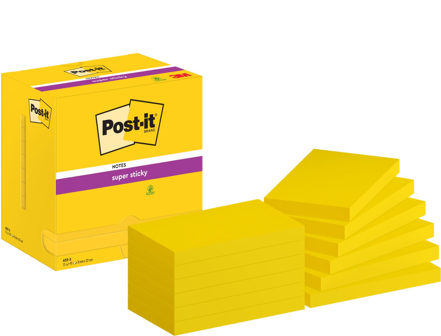 Post-it Super Sticky Notes, 1080 Sheets, Value Pack of 12 Pads, 76 mm x 127 mm - Holds Strong to Many Surfaces - Yellow - for Walls, Monitors and Fridge, Recycable