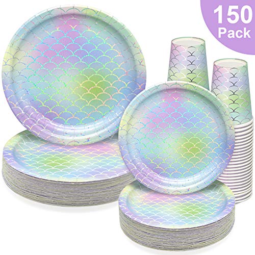 150 PCS Mermaid Party Supplies Paper Dinnerware Set - Graduation Retirement Bridal Wedding Baby Shower Girls Birthday Party Disposable Tableware with 50 Dinner Plates, 50 Dessert Plates, 50 9 oz Cups