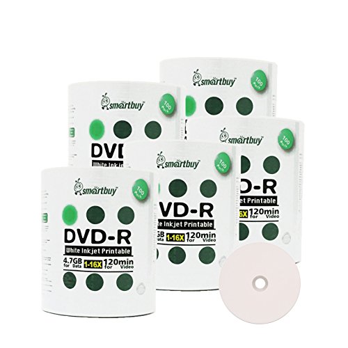 Smart Buy 500 Pack DVD-R 4.7gb 16x White Printable Inkjet Blank Media Record Disc, 500 Disc 500pk