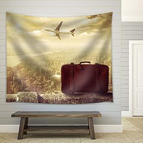 Retro Style Travel Concept Photo with Plane and Briefcase - Fabric Tapestry, Home Decor - 51x60 inches