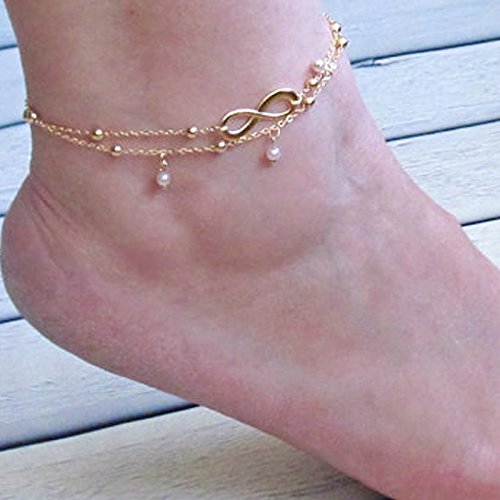 Zealmer Layered Gold Chain Anklet Pearl Beads Infinite Ankle Bracelet Beach Foot Jewelry