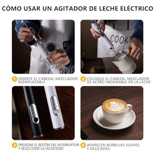 MXHIGO 6 en 1 Espumador de Leche Recargable con 3 Cabezales de Batidores de Acero Inoxidable y Base de Soporte, Agitador de Leche Eléctrico, 3 Velocidades Ajustables, Para Latte Capuchino Matcha Café