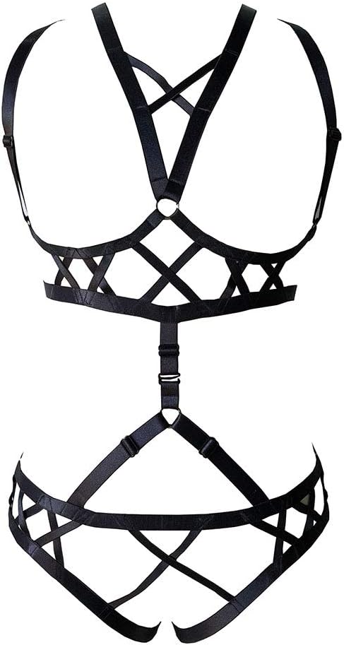 Full Body Harness Bra Women's Lingerie cage Set Punk Gothic Garter Chest Strap Festival Rave Plus Size Belt Stretchy Fabric Black