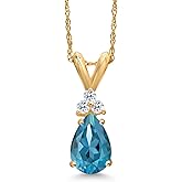 Gem Stone King 14K Yellow Gold London Blue Topaz and White Topaz Pendant Necklace for Women | 1.01 Cttw | Gemstone November Birthstone | Pear Shape 8X5MM | With 18 Inch Chain