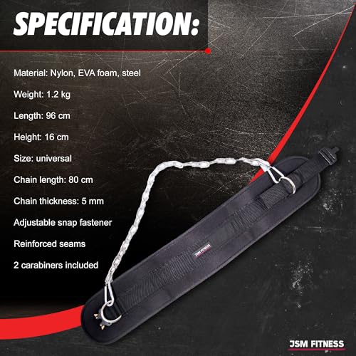 JSM FITNESS Weighted Dip Belt with Chain 240kg - Weight Belt for Pull Ups and Dips | Heavy Duty Gym Accessory with Steel Buckle & Neoprene Back Support for Weightlifting, Bodybuilding, Powerlifting