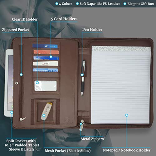 Zippered PU Leather Business Portfolio Padfolio - Professional Light Brown Faux Leather Portfolio Binder & Organizer Folder with 10.5 Inch Tablet Sleeve by Lautus Designs - Thumbnail 2