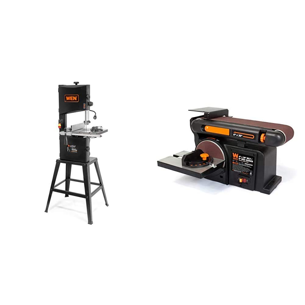 WEN 3962 Two-Speed Band Saw with Stand and Worklight, 10" & 6502T 4.3-Amp 4 x 36 in. Belt and 6 in. Disc Sander with Cast Iron Base