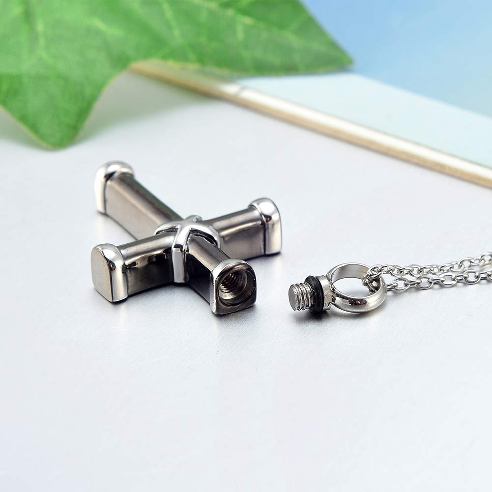 W/W Lifetime Cross Necklace for Women Ashes Urn Memorial Pendant Perfume Bottle Necklace Stainless Steel Cremation Jewelry (Black)