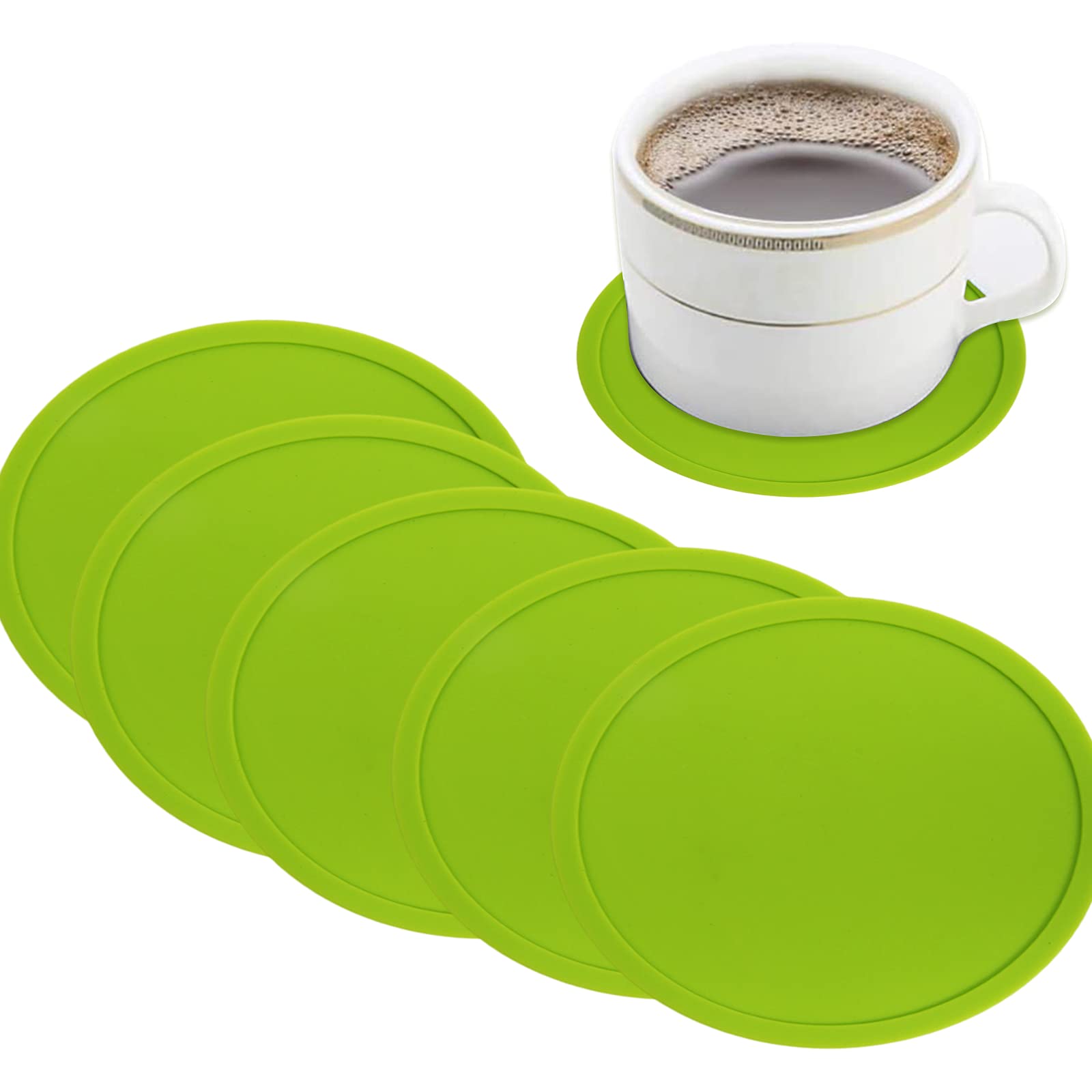 Drink Coasters Set of 6, Silicone Non-Slip Washable Cup Mats Coaster for Drinks Home and Outdoor (Green)