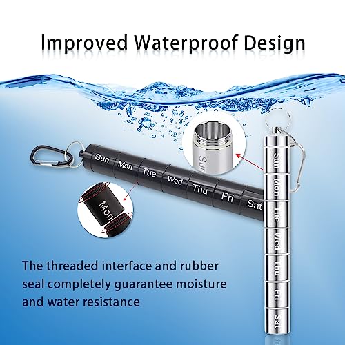 Metal Pill Holder, 2 Pack Small Portable Pill Container Travel Pill Box Waterproof Metal Pill Organizer Weekly for Travel (Black and Silver)