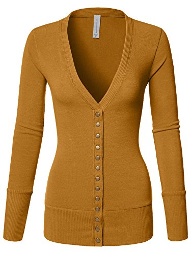 Luna Flower Women's V-Neck Snap Button Cardigan Sweater with Rib Detail ASH_Mustard Large(GCDW027)