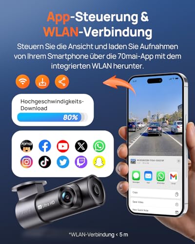 70mai M310 Plus 4K Car Front Dashcam, 2160P Mini Dash Cam with 360° Rotation, WiFi & G-Sensor, Super Night Vision & WDR, F1.55 Aperture, 24h Parking Monitoring, Loop Recording, Max. 256 GB