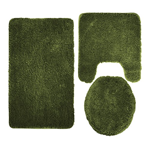 Mary 3 Piece Bathroom Rug Set, Luxury Soft Plush Shaggy Thick Fluffy Microfiber Bath Mat, Countour Rug, Toilet Seat Lid Cover, Non-Slip Rubber Back, Floor Mats Water Absorbent (Olive)