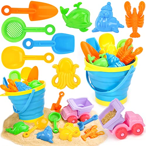 AMOR Beach Toys Set, Foldable Beach Bucket Collapsible Seach Toys with Truck Sand Molds Beach Pails for Toddlers Indoor Outdoor