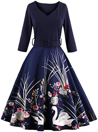 LaceLady Princess Vintage Birds and Floral Printed Dress with Belt V neack Cocktial Dresses(Navy M)